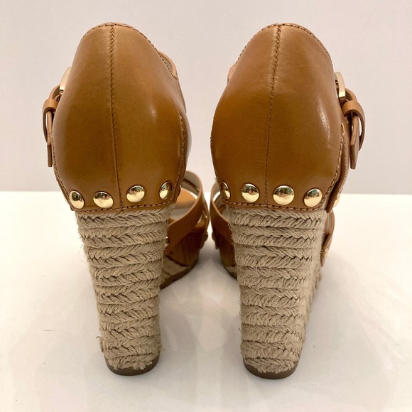 Michael Kors Somerly Wedge Espadrille Sandals Brown Leather Womens 7M Heels Shoe - Picture 4 of 11
